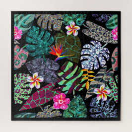Puzzle Patrón de hojas y flores tropicales vibrantes