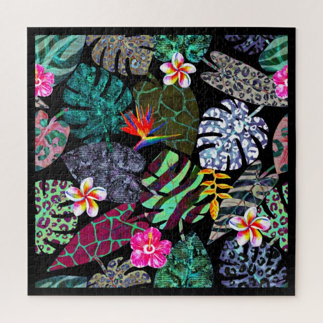 Puzzle Patrón de hojas y flores tropicales vibrantes (Vertical)