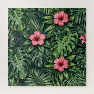 Puzzle Patrón de jungla de Monstera Hibisco Tropical