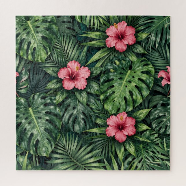Puzzle Patrón de jungla de Monstera Hibisco Tropical (Vertical)