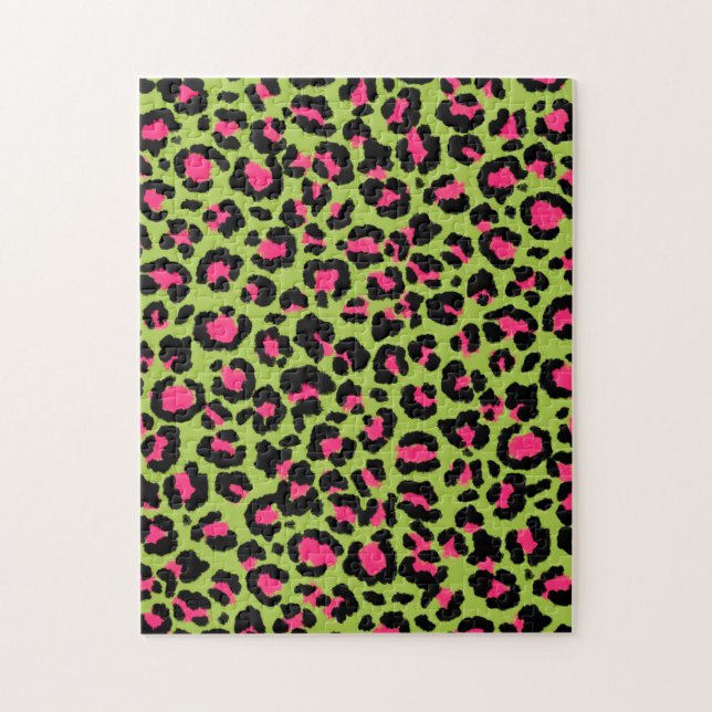 Puzzle Patrón de leopardo en frambuesa en verde limón (Vertical)