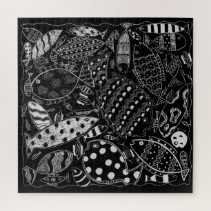 Puzzle Patrón de peces negro y blanco arte moderno
