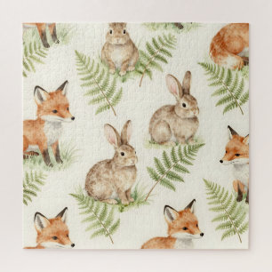 Puzzle Patrón de zorro y conejo de acuarela en el bosque
