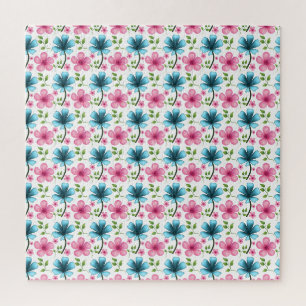 Puzzle Patrón floral azul y rosa