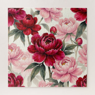 Puzzle Patrón Floral de Acuarela de Peonía Roja y Rosa Pr