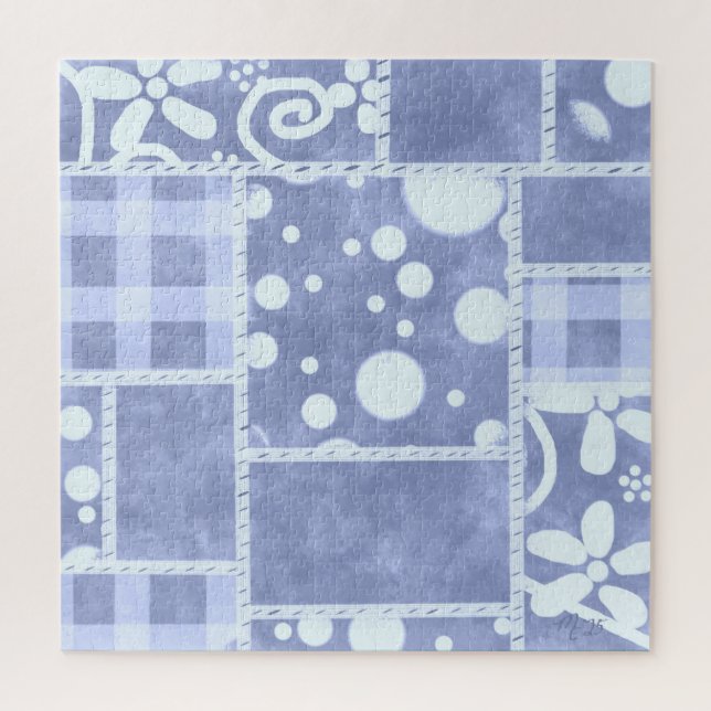 Puzzle Patrón Floral de Gingan Azul de Colcha Loca  (Vertical)