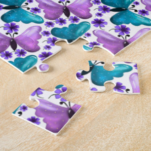 Puzzle Patrón floral de mariposa púrpura teal