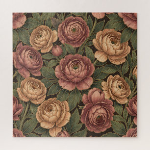 Puzzle Patrón floral de peonía rosa con fondo oscuro y do