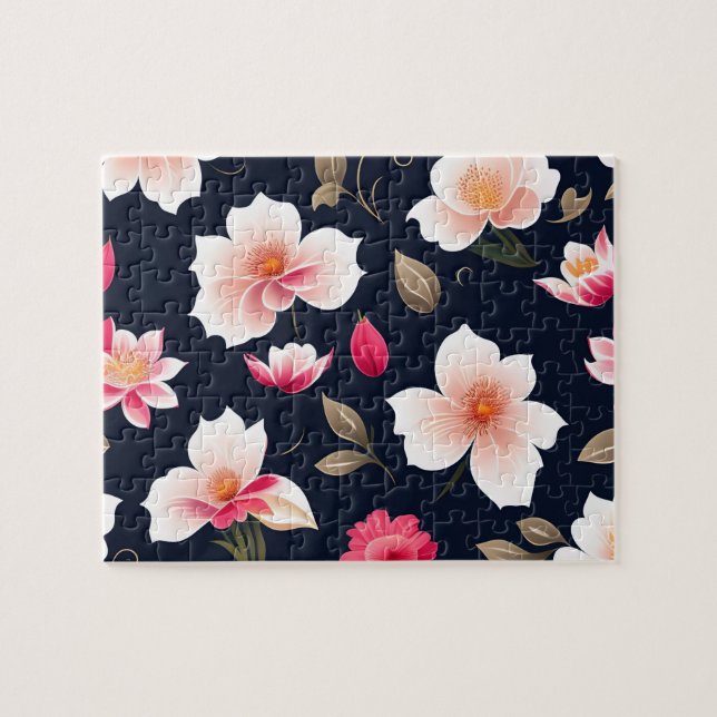 Puzzle Patrón floral flores blancas y rosadas lindas (Horizontal)
