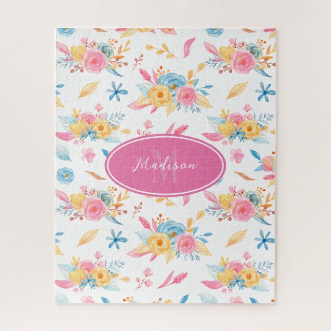 Puzzle Patrón floral rosa bonito monogramado (Vertical)