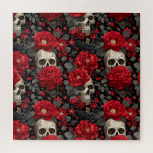 Puzzle Patrón floral sin fisuras de cuervo y calavera gót