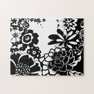 Puzzle Patrón gráfico de jardín floral blanco y negro