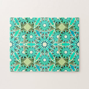 Puzzle Patrón Mandala, turquesa, gris plateado y blanco