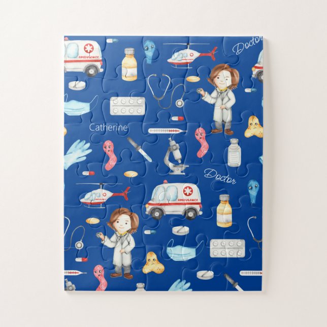 Puzzle Patrón médico de niña pequeña Médica con nombre, a (Vertical)