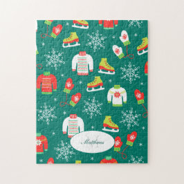 Puzzle Patrón Monograma Verde azulado de patines de hielo