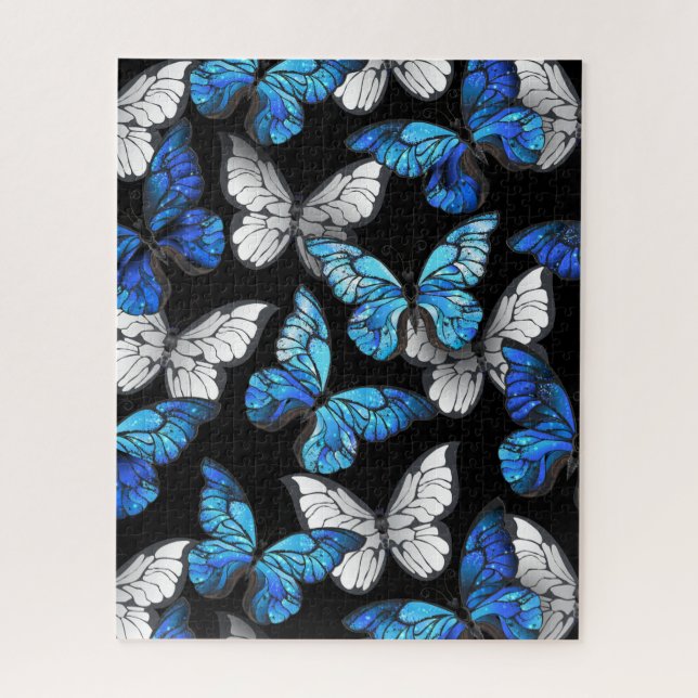 Puzzle Patrón oscuro sin foco con mariposas azules morfo (Vertical)