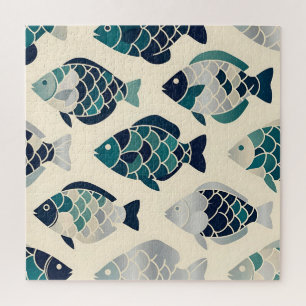 Puzzle Patrón repetitivo de peces estilizados en azul mar