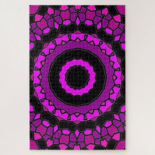 Puzzle Patrón rosa morado y Kaleidoscopio negro (Vertical)