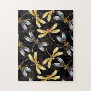 Puzzle Patrón sin foco con Dragonflies dorados