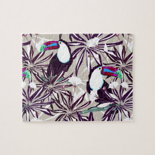 Puzzle Patrón tropical con palmeras y aves.