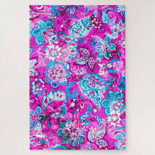 Puzzle Patrones de flores rosadas azules (Vertical)