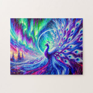 Puzzle Pavo real abstracto en invierno con luces del nort