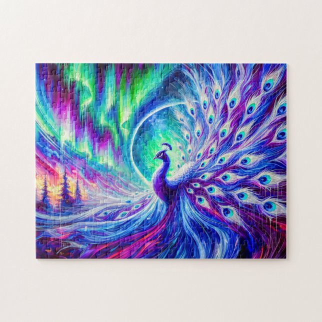 Puzzle Pavo real abstracto en invierno con luces del nort (Horizontal)