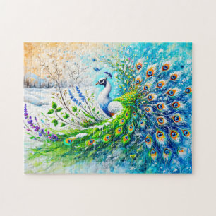 Puzzle Pavo real abstracto en primavera con nieve y flor