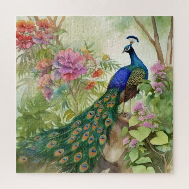 Puzzle Pavo Real Azul Verde Elegante Flores Rosadas Bosqu (Vertical)