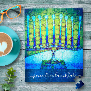 Puzzle "Peace Love Hanukkah" Artsy Blue & Green Menorah