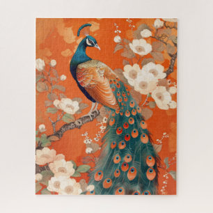 Puzzle Peacock Art Nouveau sobre floral Naranja