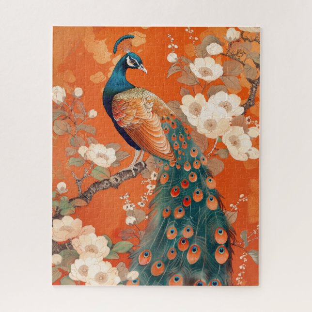 Puzzle Peacock Art Nouveau sobre floral Naranja (Vertical)