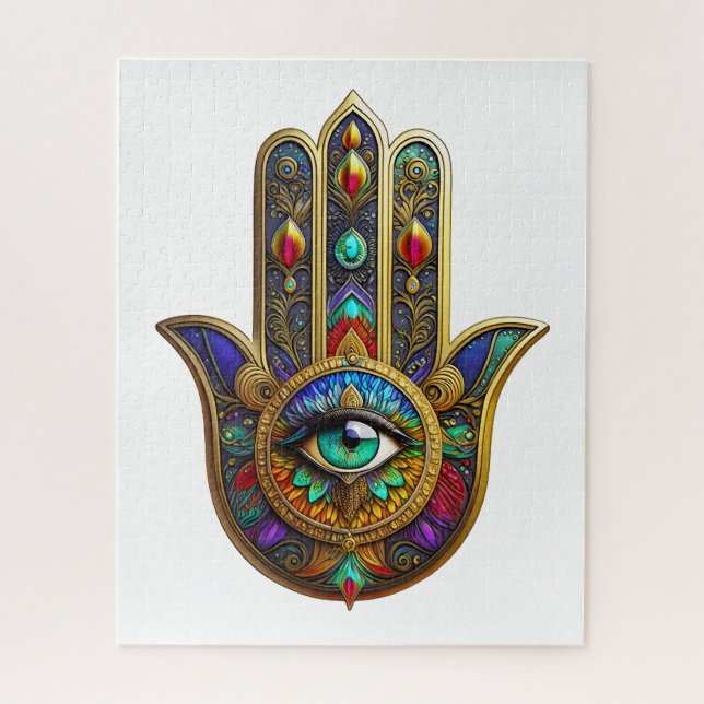 Puzzle Peacock Color Flower Petals Hamsa Green Third Eye (Vertical)