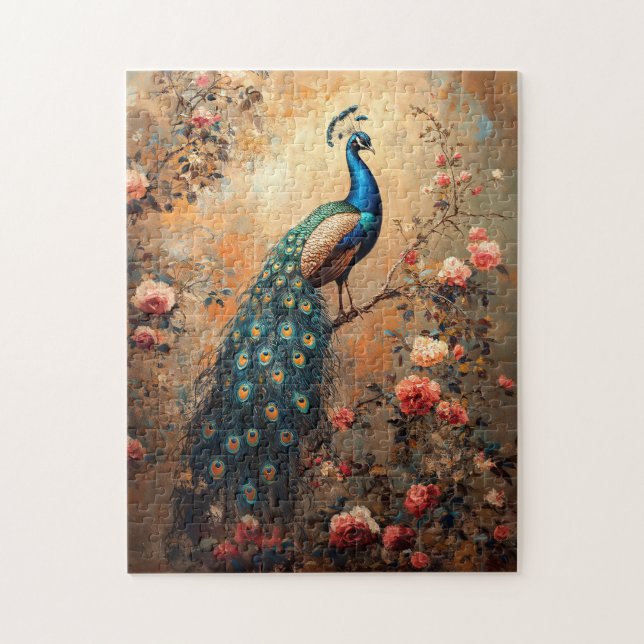 Puzzle Peacock con pintura de rosas rosadas de Rubor (Vertical)