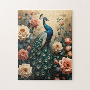 Puzzle Peacock con rosas rosa y rosa