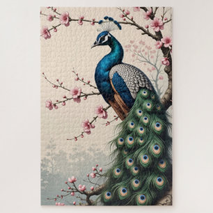 Puzzle Peacock en un árbol de flores de cerezo