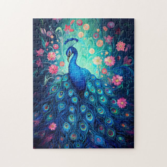 Puzzle Peacock - Flores de Aqua Verde Azul y Flores Rosa (Vertical)