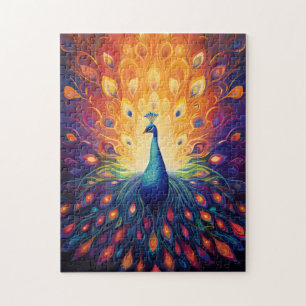 Puzzle Peacock - Naranja rosa azul verde plumas amarillas
