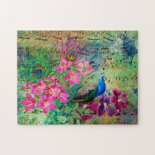 Puzzle Peacock y Flores Ilustrados Antiguos Grunge