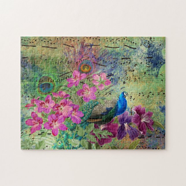 Puzzle Peacock y Flores Ilustrados Antiguos Grunge (Horizontal)