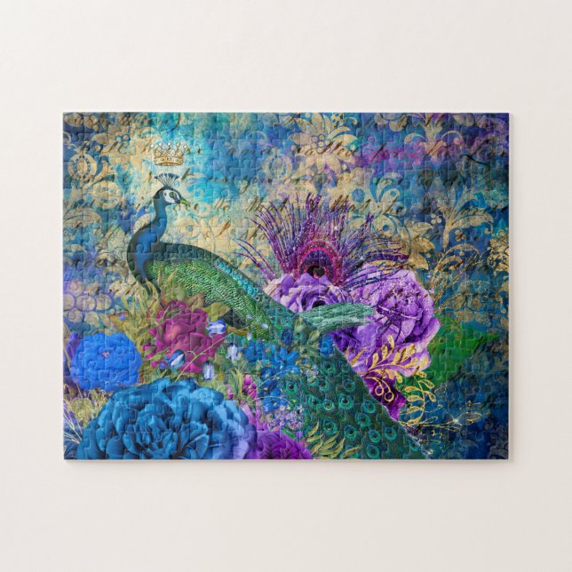 Puzzle Peacock y Flores Ilustrados Antiguos Grunge (Horizontal)