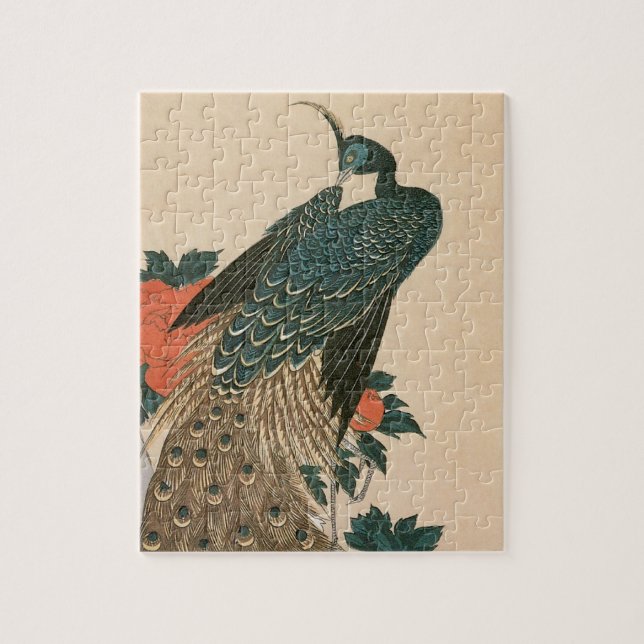 Puzzle Peacock y peonías de Hiroshige, arte japonés (Vertical)