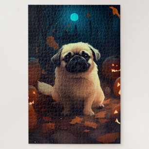 Puzzle Pekingese de Halloween con calabazas aterradoras