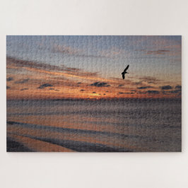Puzzle Pelican Flying at Sunrise, Isla Dauphin, Alabama
