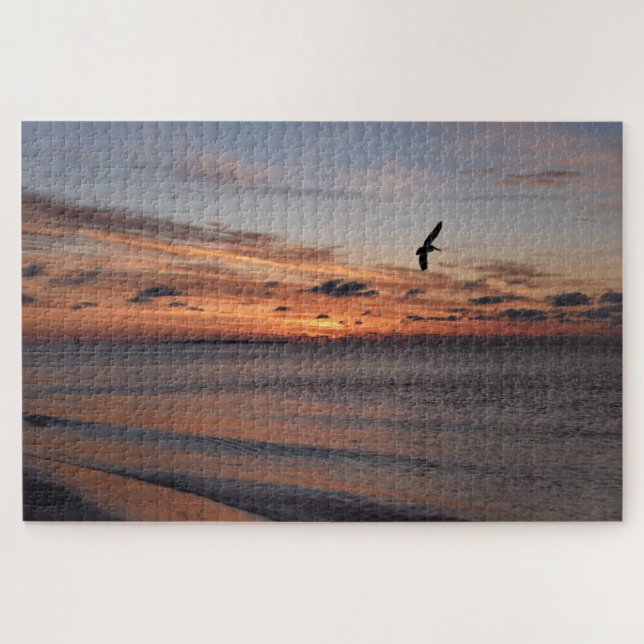 Puzzle Pelican Flying at Sunrise, Isla Dauphin, Alabama (Horizontal)