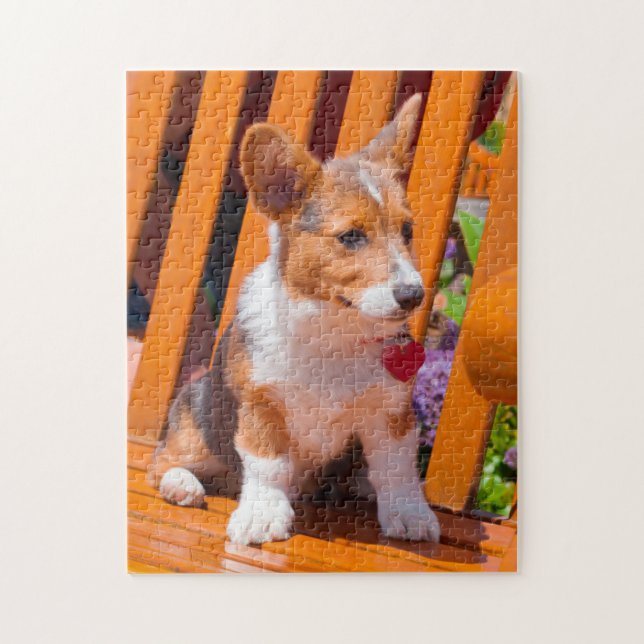 Puzzle Pembroke Welsh Corgi cachorro sentado en el banco  (Vertical)