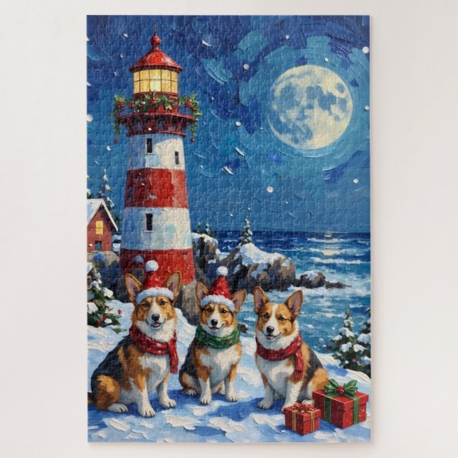 Puzzle Pembroke Welsh Corgi Christmas Lighthouse Holiday (Vertical)