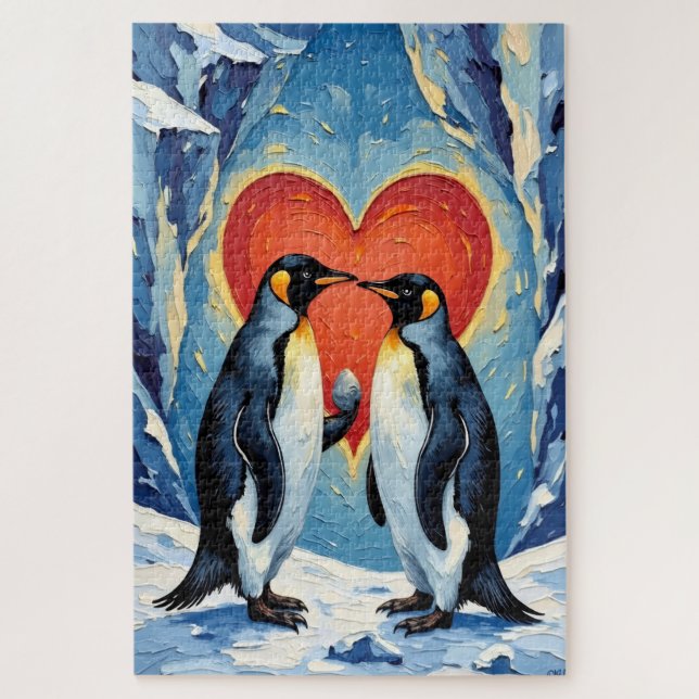 Puzzle Penguin Courtship with Valentine Ice Heart (Vertical)