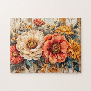 Puzzle Peonía de Crema y Zinnia Naranja sobre Madera