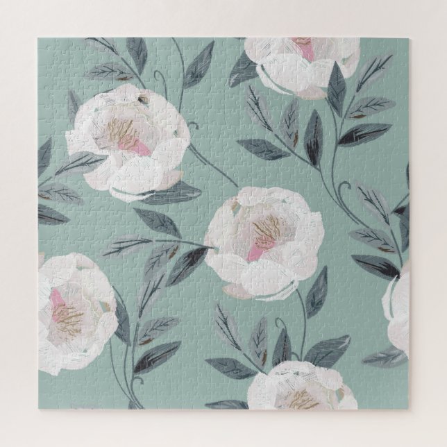 Puzzle Peonies de Rosas Blancas: Bordados Florales. (Vertical)